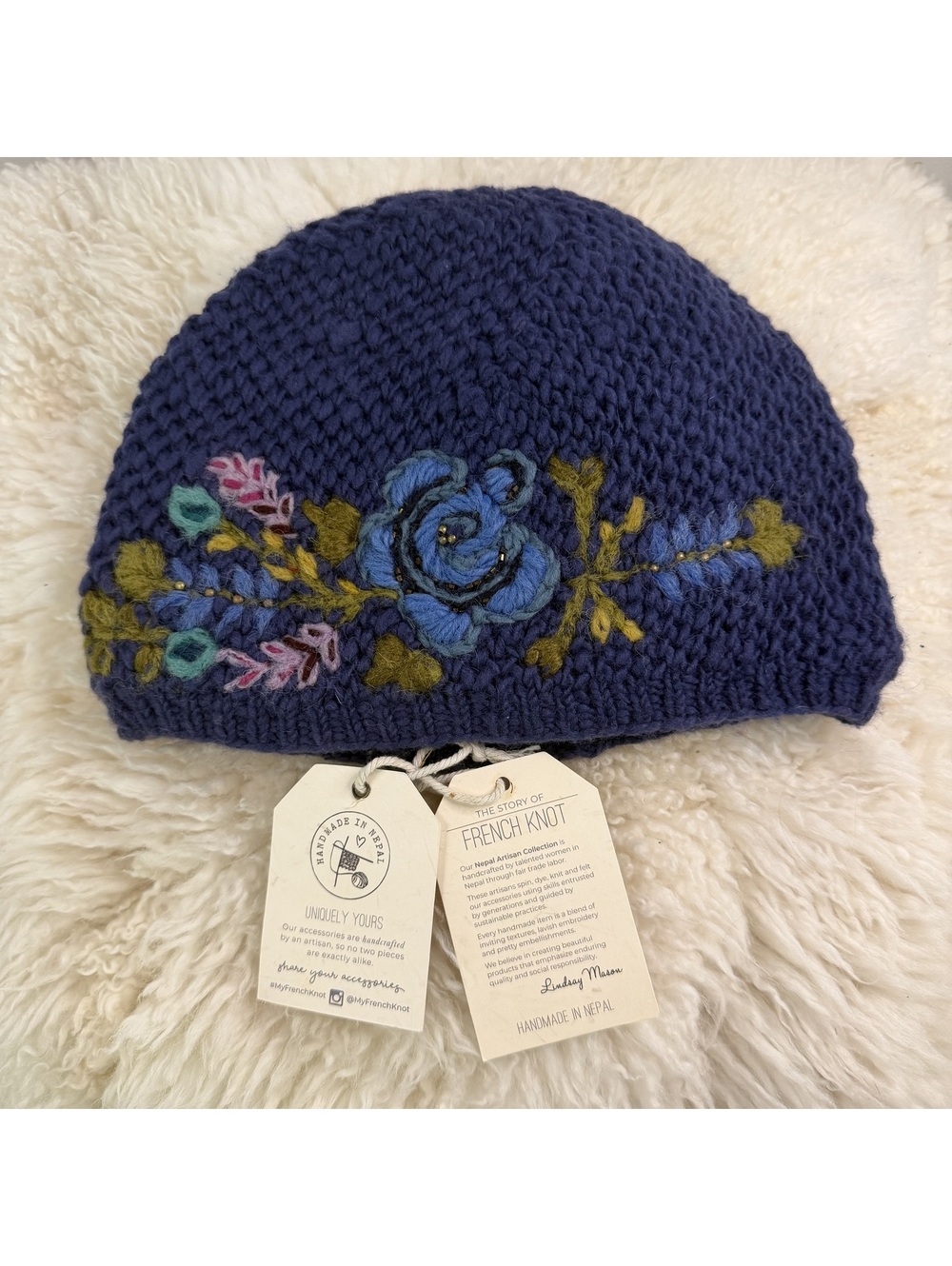 FRench Knot Floral Embroidered Wool Beanie Blue Handmade Nepal NWT